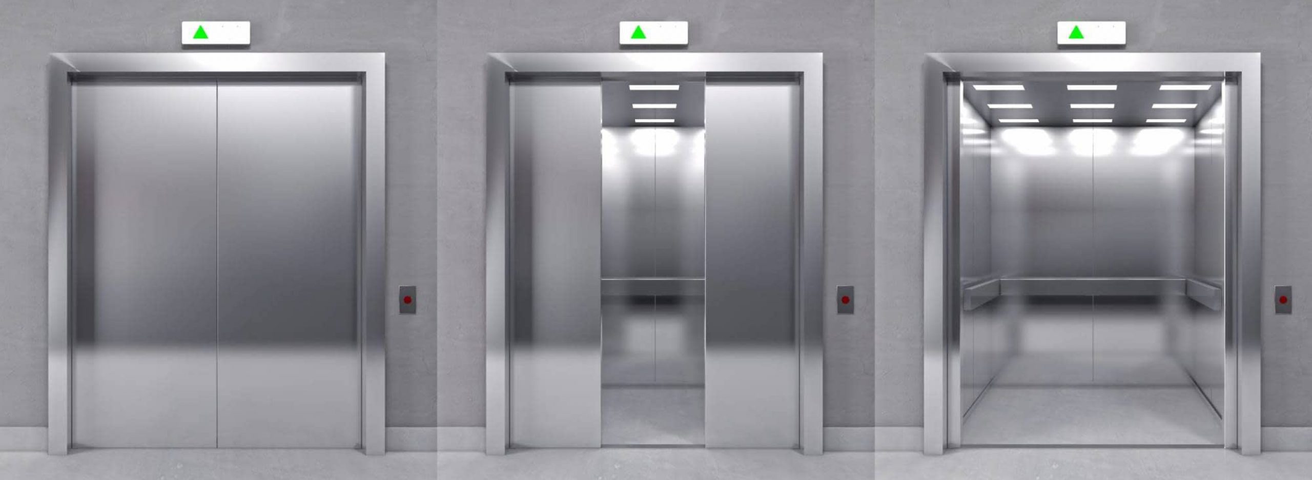 Không gian thang máy với cửa và cabin inox hiện đại